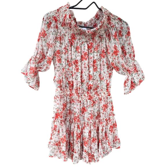 MISA Darla Dress Small Red Floral Ruffle Mini Off Shoulder Poppy Floral - Picture 4 of 11